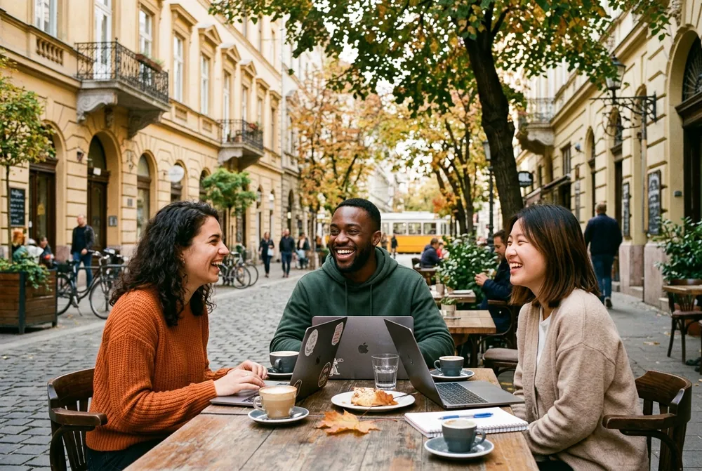 Budapeşte'de bir kafe terasında ders çalışan üç üniversite öğrencisi