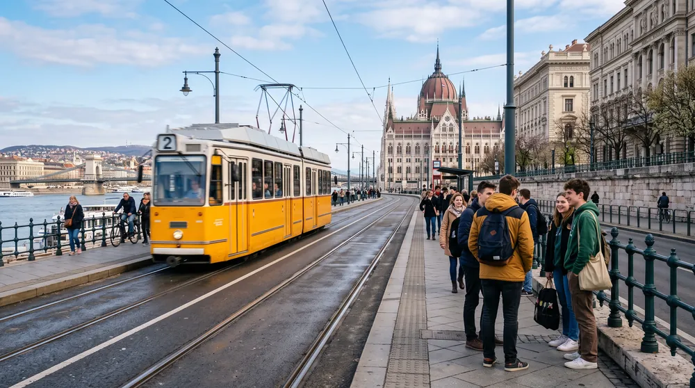 Budapeşte'de Tuna kıyısında geçen sarı tramvay ve bekleyen öğrenciler