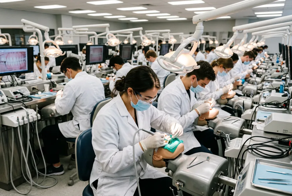 Üniversitenin diş hekimliği fantom laboratuvarında maket başlar üzerinde çalışan öğrenciler