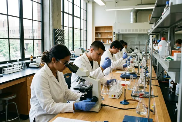 Üniversite fen laboratuvarında deney yapan öğrenciler