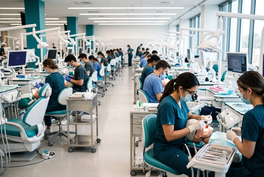 Diş hekimliği simülasyon kliniğinde fantom başlıklar üzerinde çalışan öğrenciler