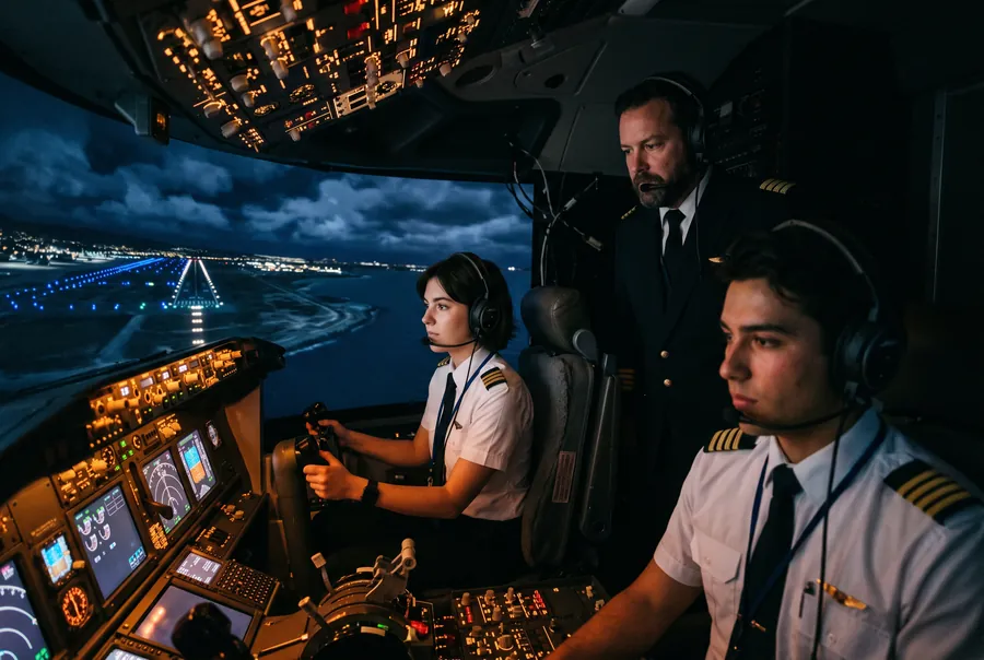 Tam hareketli uçuş simülatöründe gece yaklaşması çalışan iki öğrenci pilot