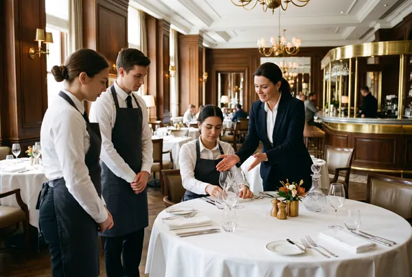 Otelcilik eğitimi alan öğrencilerin uygulama restoranında masa hazırlaması