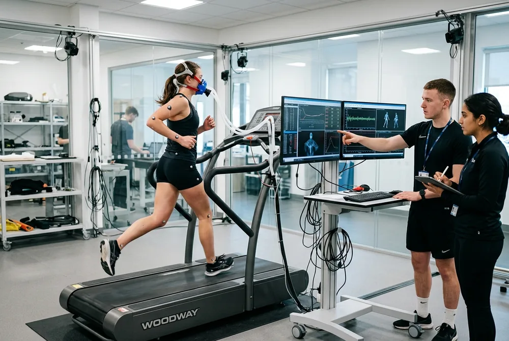Spor bilimleri laboratuvarında koşu bandında performans ölçümü yapan öğrenciler